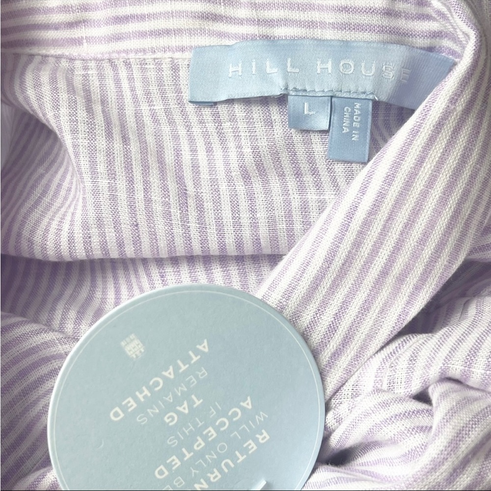 NWT HILL HOUSE Linen Lilac Stripe Short Sleeve Tie Waist Button Up Shirt Dress L - Picture 6 of 8